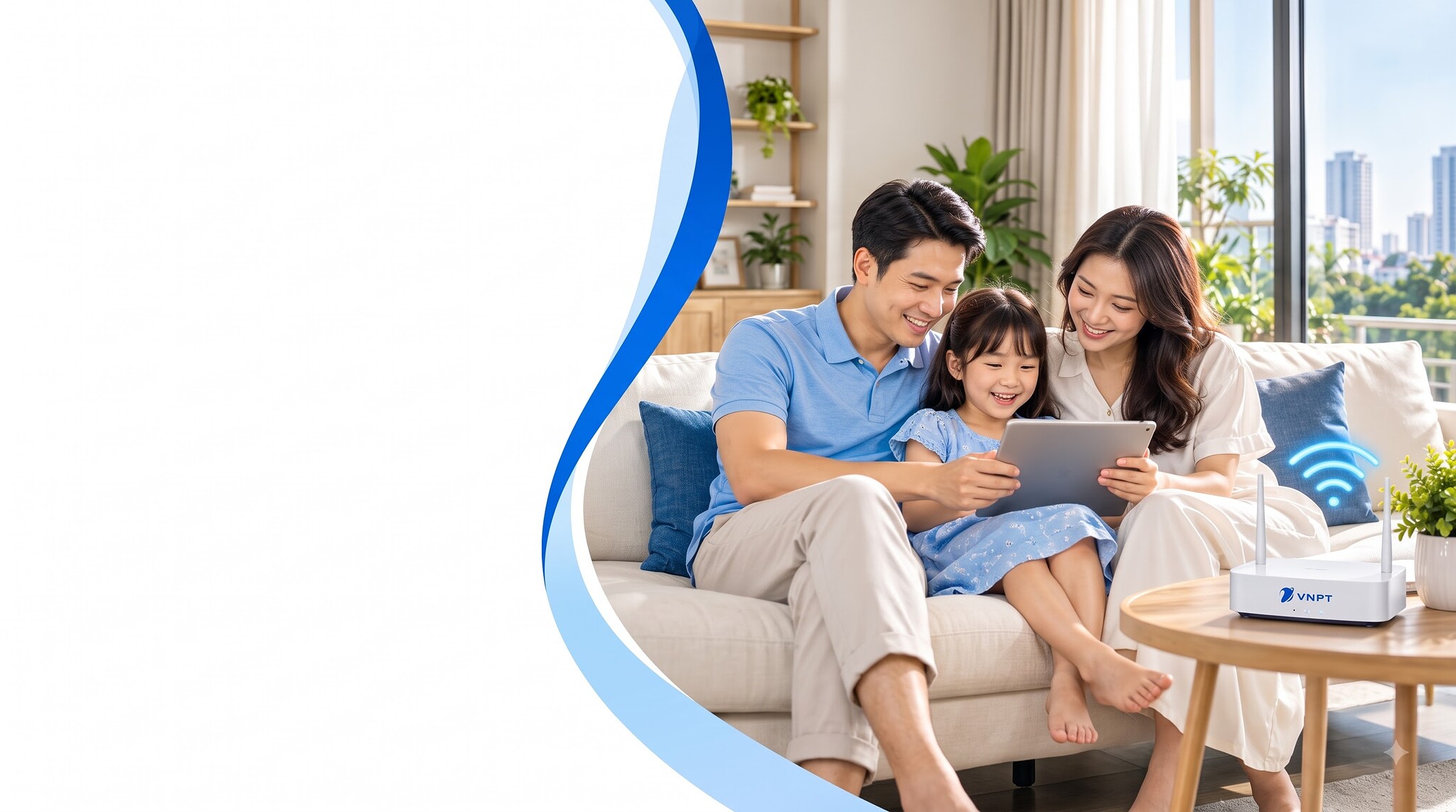 Gia đình dùng Internet VNPT trong phòng khách, bộ phát WiFi đặt trên bàn